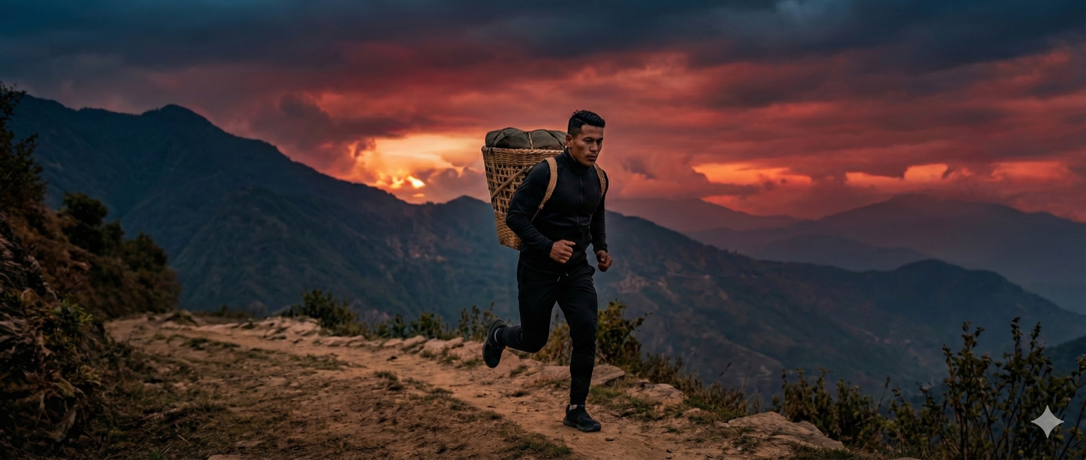 Man running in the mountains at sunset